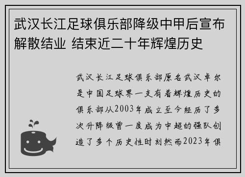 武汉长江足球俱乐部降级中甲后宣布解散结业 结束近二十年辉煌历史